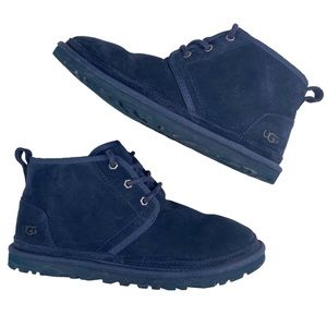 UGG Neumel Boot Navy Blue Low Lace Up Gray Shearling Casual Men Size 9, 42 EU